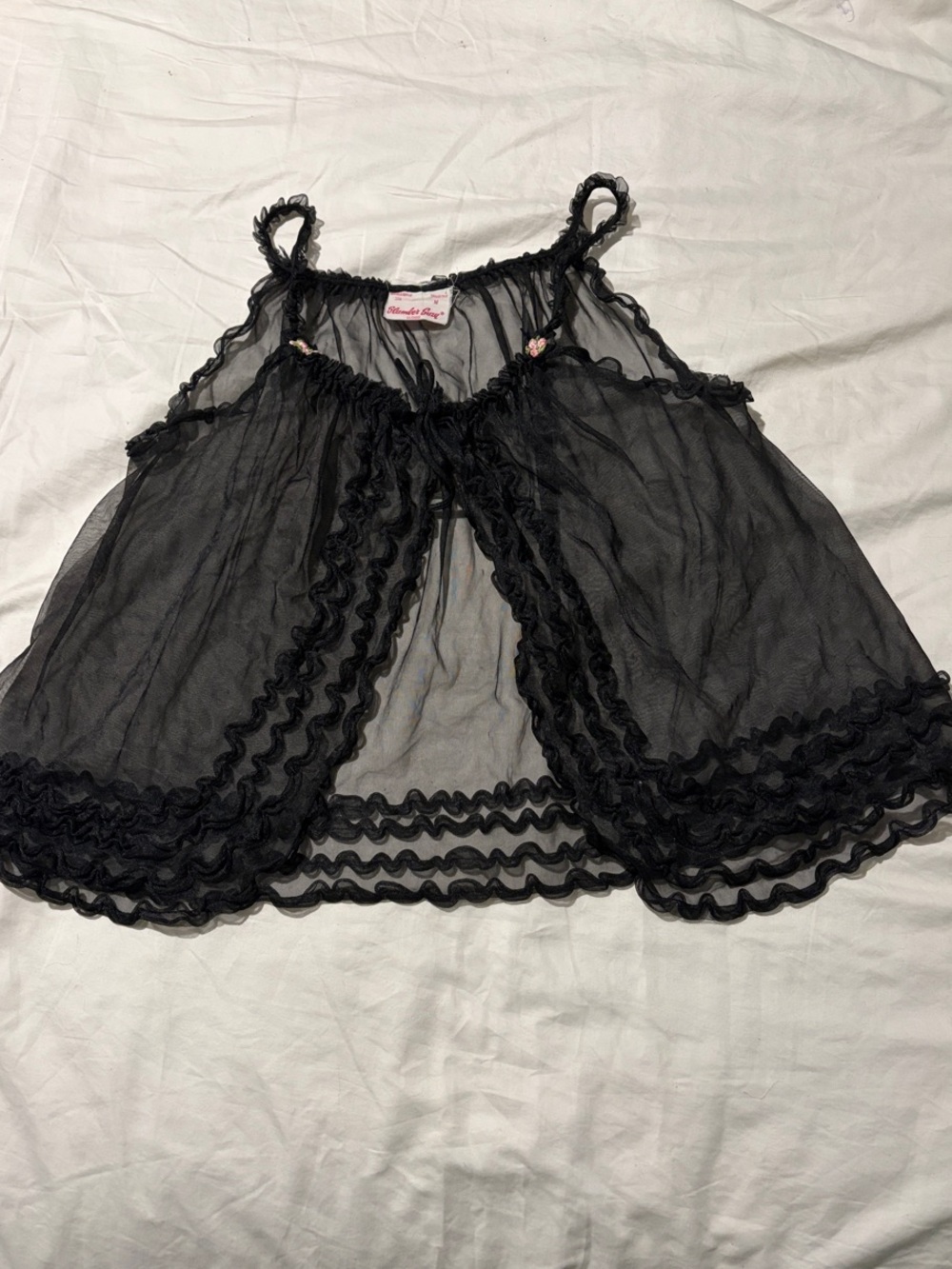 VINTAGE Babydoll Chemise Sheer Black Ruffle n Rosette mesh tank - Picture 5 of 8
